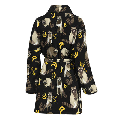 Raccoon And Banana Pattern Print Women's Bathrobe