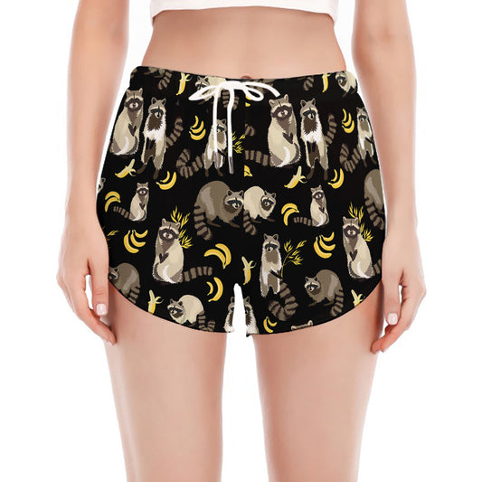 Raccoon And Banana Pattern Print Women's Split Running Shorts
