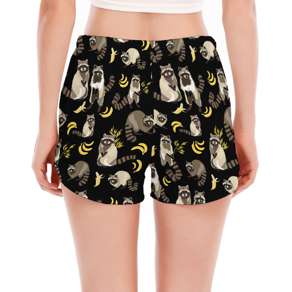 Raccoon And Banana Pattern Print Women's Split Running Shorts