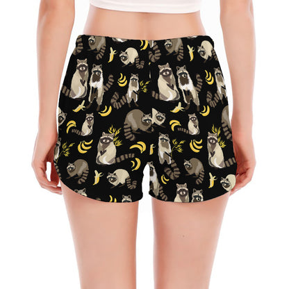 Raccoon And Banana Pattern Print Women's Split Running Shorts