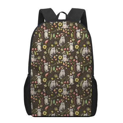 Raccoon And Floral Pattern Print 17 Inch Backpack