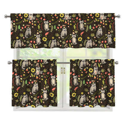 Raccoon And Floral Pattern Print 3 Piece Kitchen Curtains