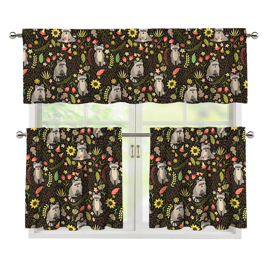 Raccoon And Floral Pattern Print 3 Piece Kitchen Curtains
