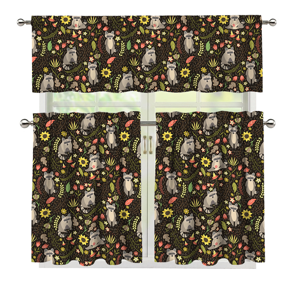 Raccoon And Floral Pattern Print 3 Piece Kitchen Curtains