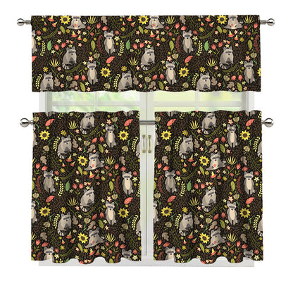 Raccoon And Floral Pattern Print 3 Piece Kitchen Curtains
