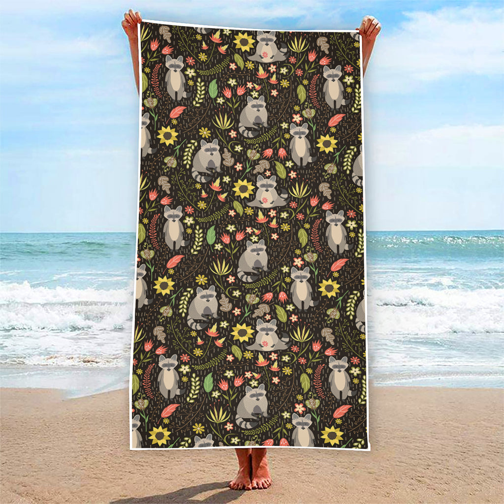 Raccoon And Floral Pattern Print Beach Towel