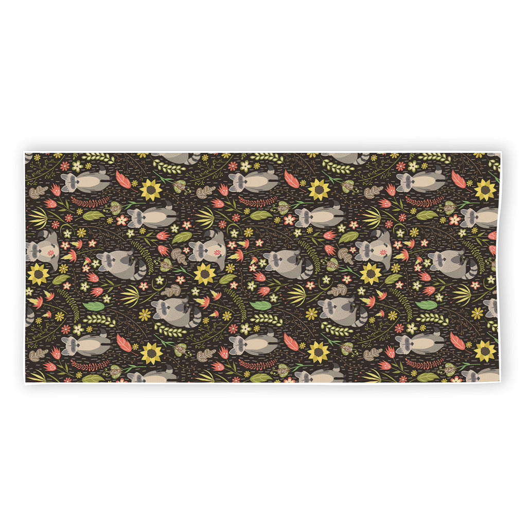 Raccoon And Floral Pattern Print Beach Towel