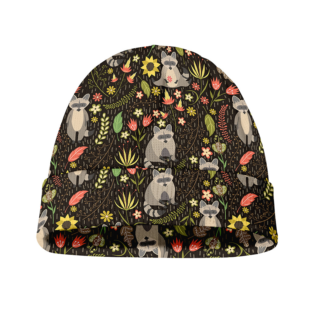 Raccoon And Floral Pattern Print Beanie