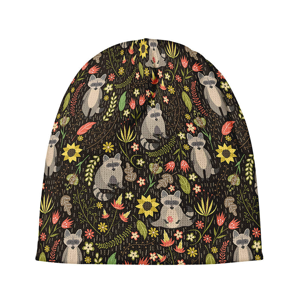 Raccoon And Floral Pattern Print Beanie