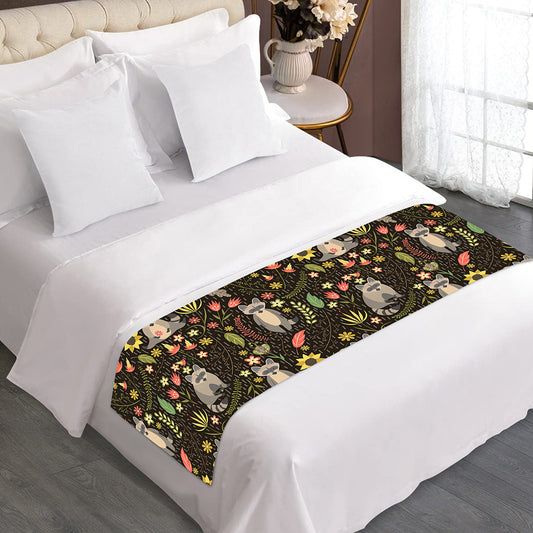 Raccoon And Floral Pattern Print Bed Runner