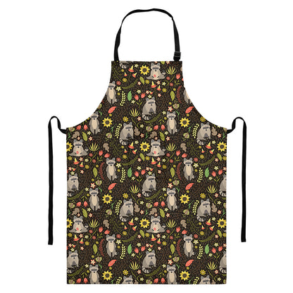 Raccoon And Floral Pattern Print Bib Apron With Pocket