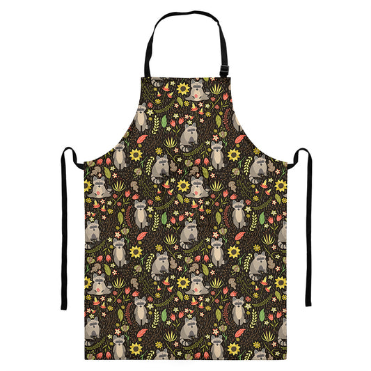 Raccoon And Floral Pattern Print Bib Apron With Pocket