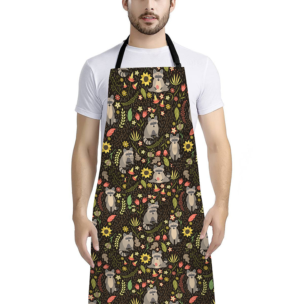 Raccoon And Floral Pattern Print Bib Apron With Pocket