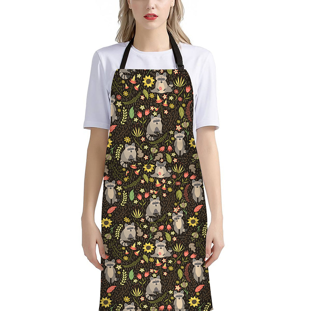 Raccoon And Floral Pattern Print Bib Apron With Pocket