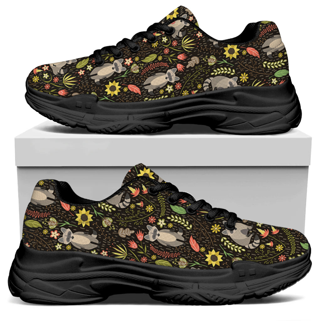 Raccoon And Floral Pattern Print Black Chunky Shoes