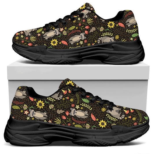 Raccoon And Floral Pattern Print Black Chunky Shoes