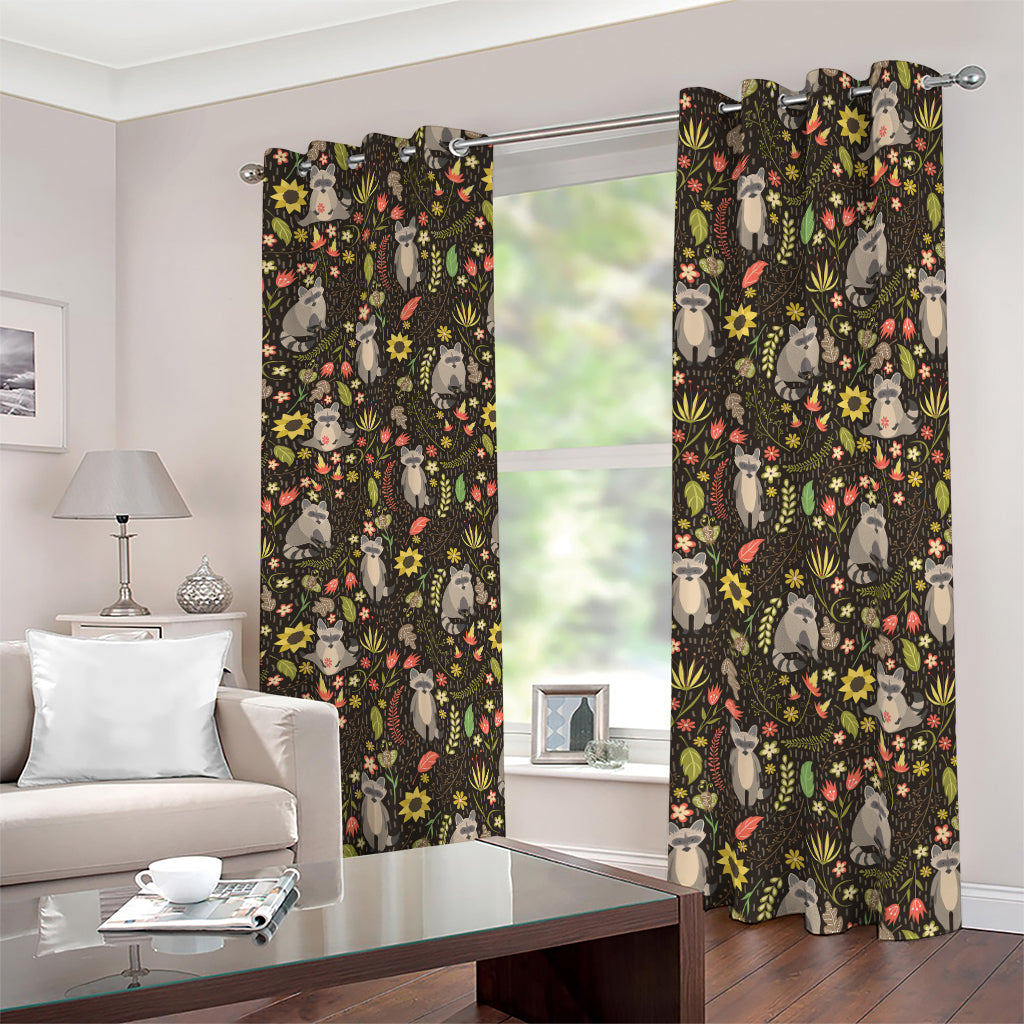 Raccoon And Floral Pattern Print Blackout Grommet Curtains