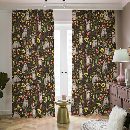 Raccoon And Floral Pattern Print Blackout Pencil Pleat Curtains