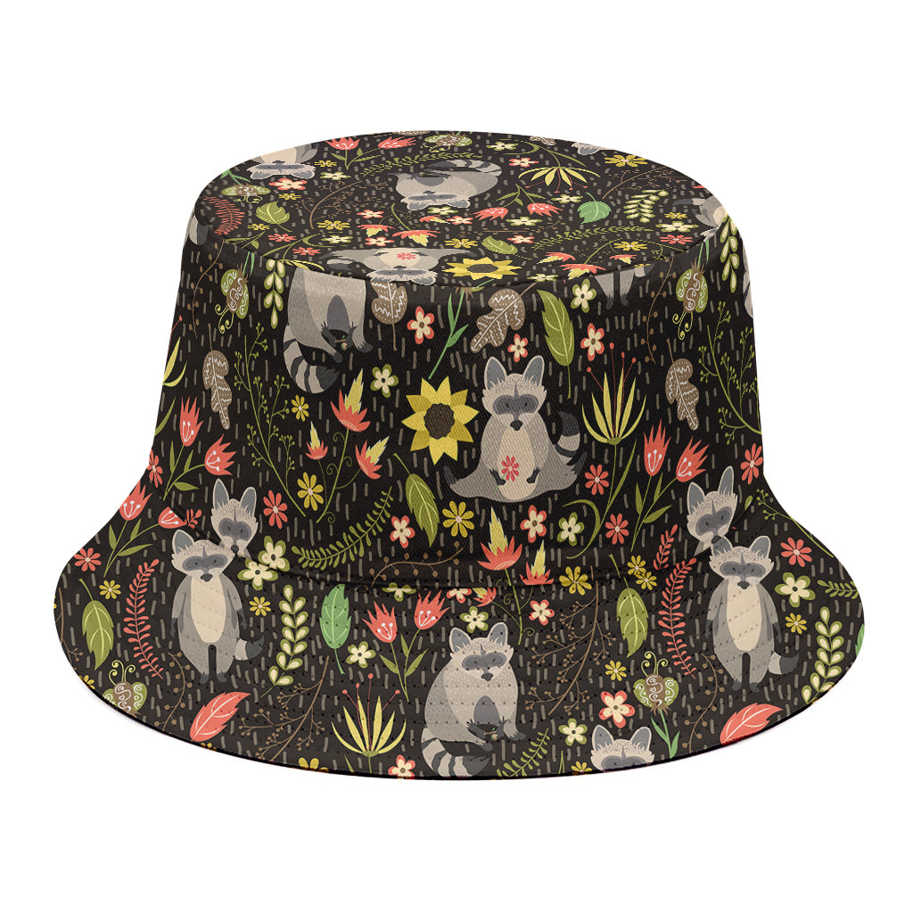 Raccoon And Floral Pattern Print Bucket Hat