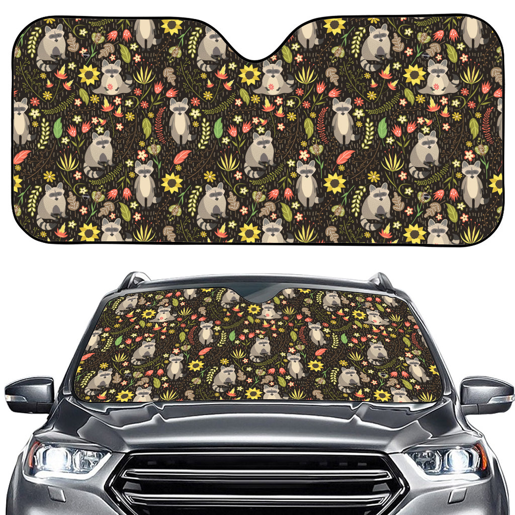 Raccoon And Floral Pattern Print Car Windshield Sun Shade