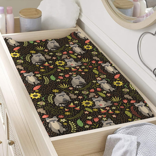 Raccoon And Floral Pattern Print Changing Pad Cover