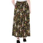 Raccoon And Floral Pattern Print Chiffon Maxi Skirt