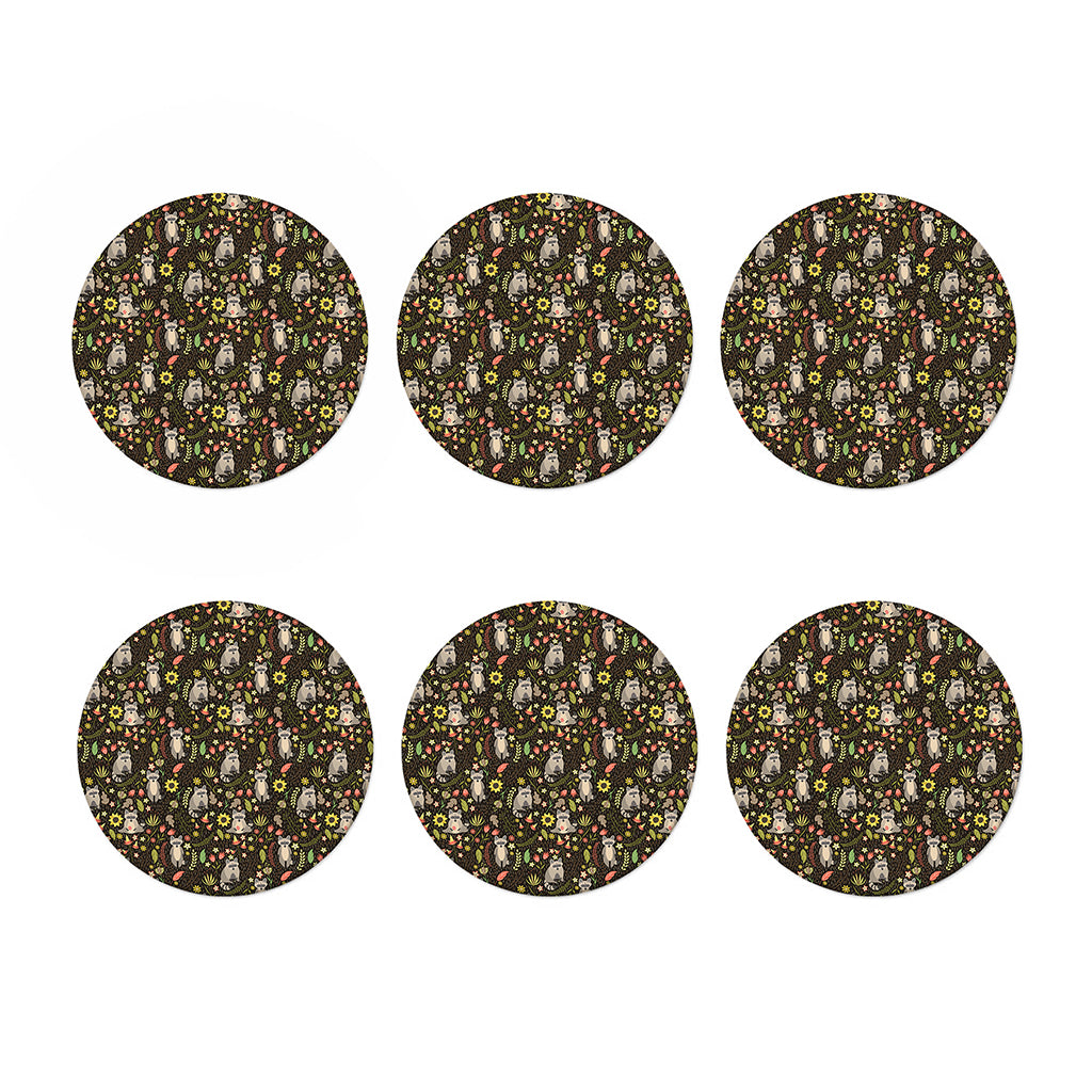 Raccoon And Floral Pattern Print Coaster Set