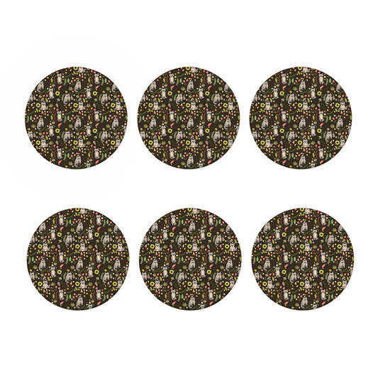 Raccoon And Floral Pattern Print Coaster Set