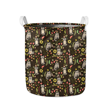 Raccoon And Floral Pattern Print Collapsible Laundry Basket