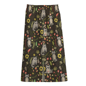 Raccoon And Floral Pattern Print Cotton Front Slit Maxi Skirt