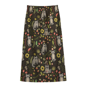 Raccoon And Floral Pattern Print Cotton Front Slit Maxi Skirt