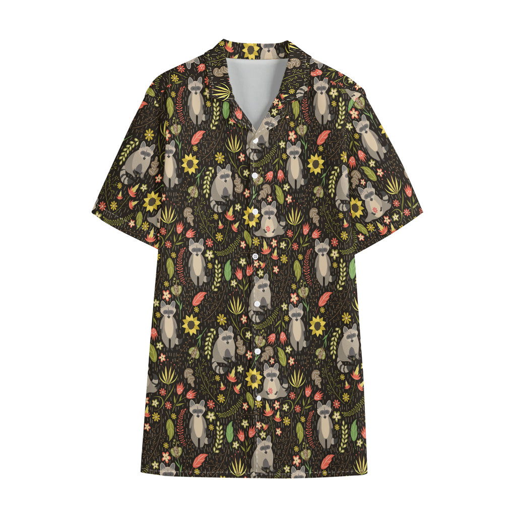 Raccoon And Floral Pattern Print Cotton Hawaiian Shirt