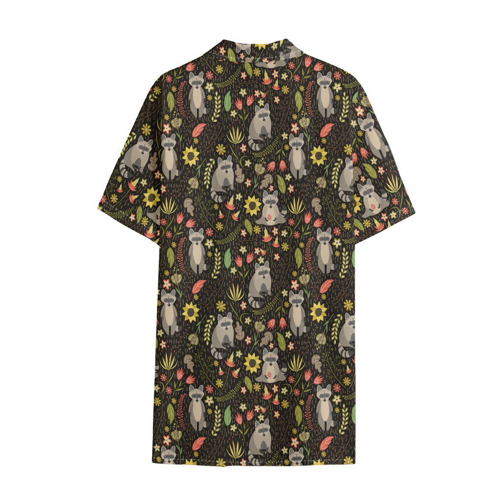 Raccoon And Floral Pattern Print Cotton Hawaiian Shirt