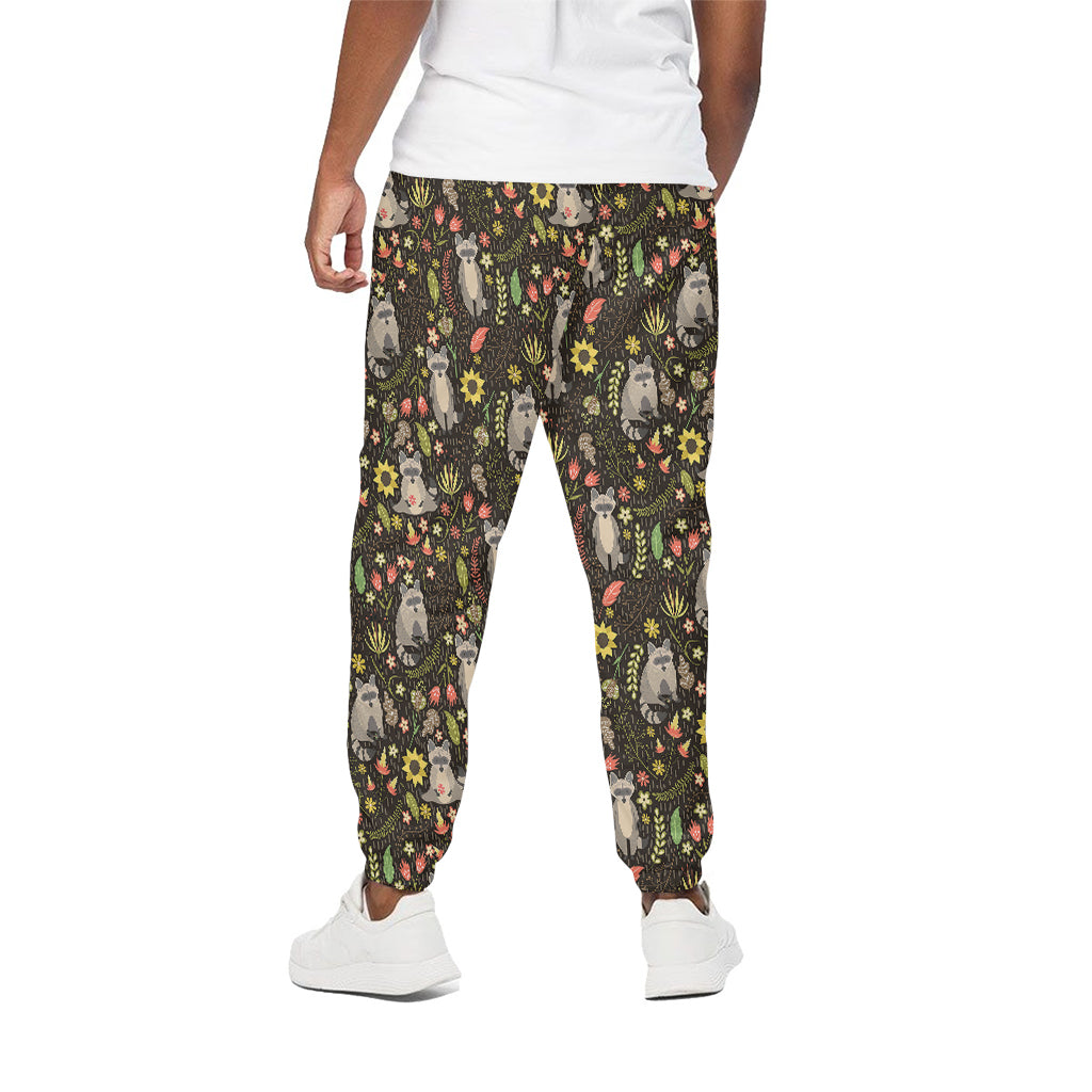 Raccoon And Floral Pattern Print Cotton Pants