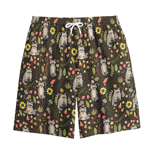 Raccoon And Floral Pattern Print Cotton Shorts