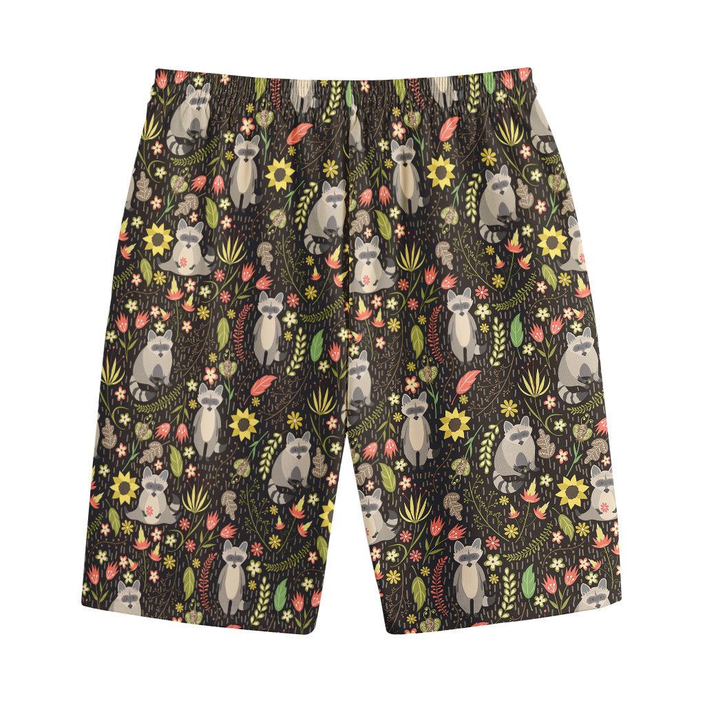 Raccoon And Floral Pattern Print Cotton Shorts