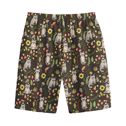 Raccoon And Floral Pattern Print Cotton Shorts