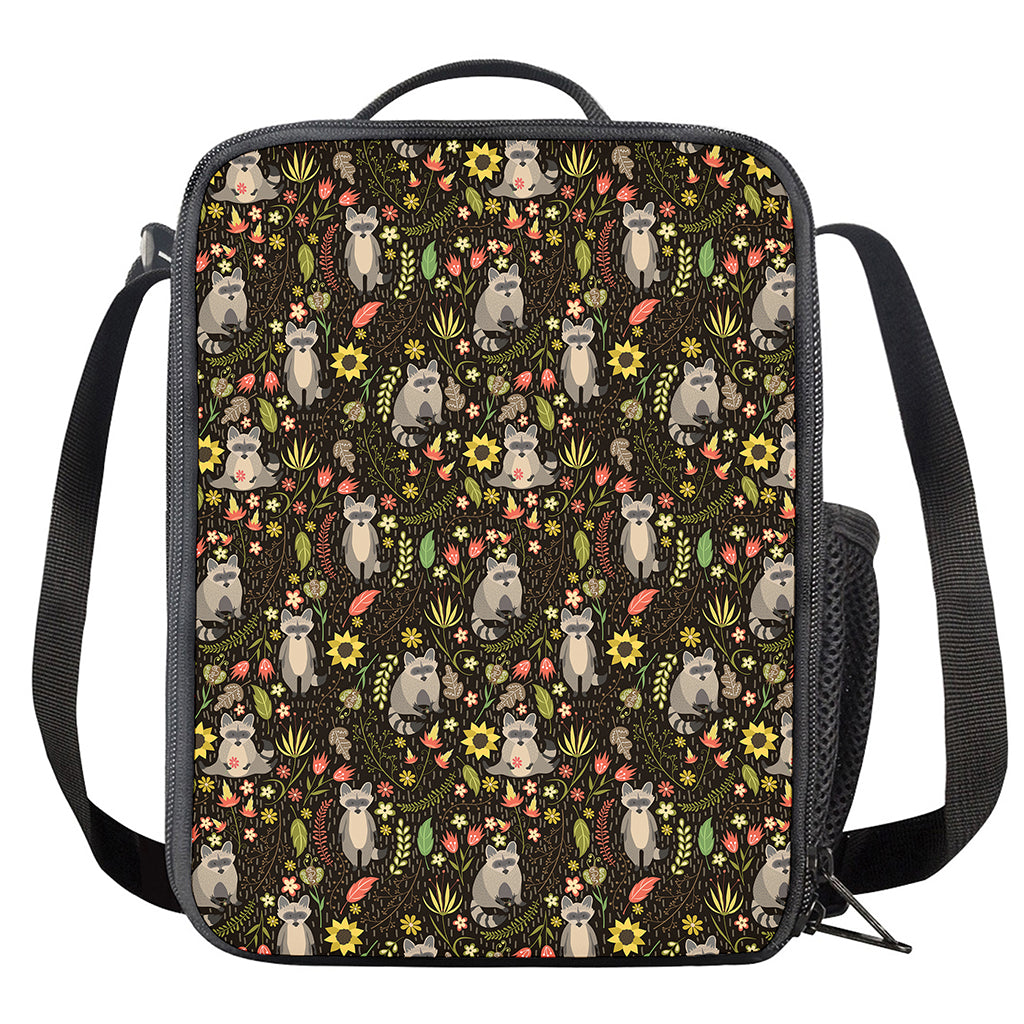 Raccoon And Floral Pattern Print Crossbody Lunch Bag