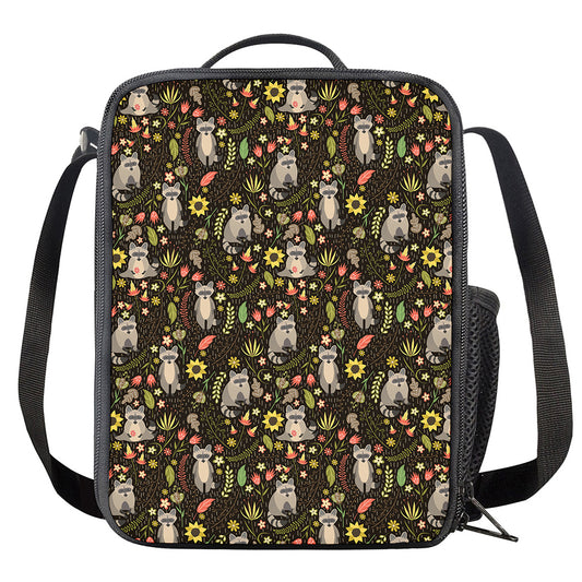 Raccoon And Floral Pattern Print Crossbody Lunch Bag
