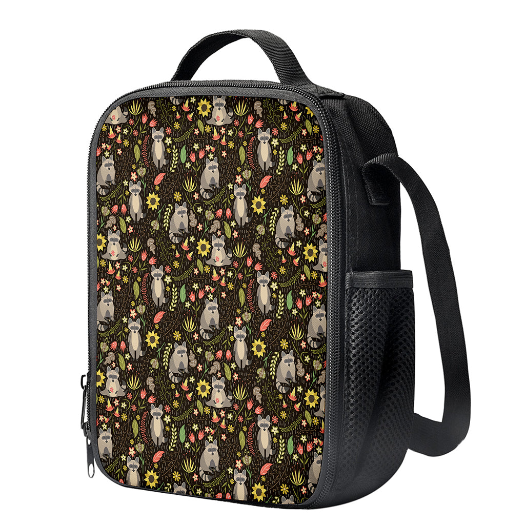 Raccoon And Floral Pattern Print Crossbody Lunch Bag