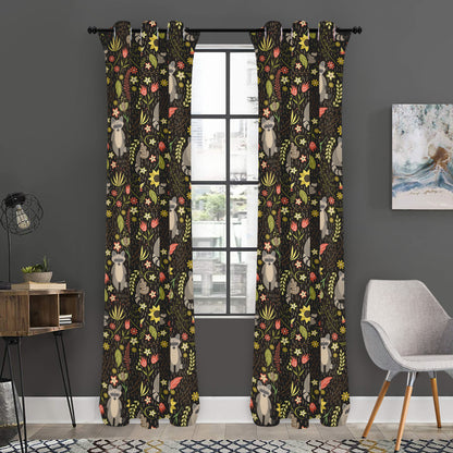 Raccoon And Floral Pattern Print Curtain