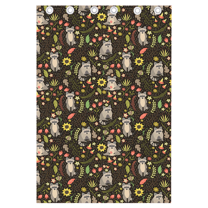Raccoon And Floral Pattern Print Curtain