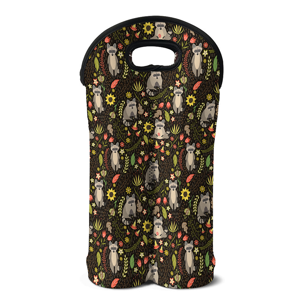 Raccoon And Floral Pattern Print Double Neoprene Wine Tote