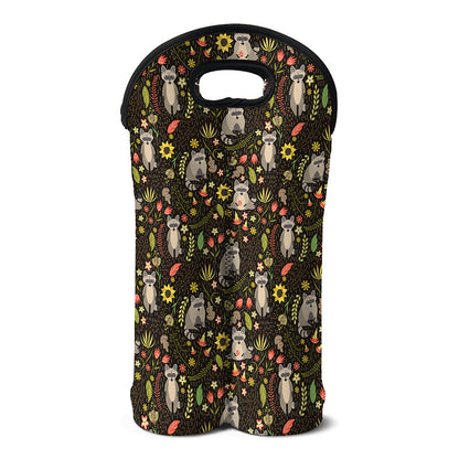 Raccoon And Floral Pattern Print Double Neoprene Wine Tote
