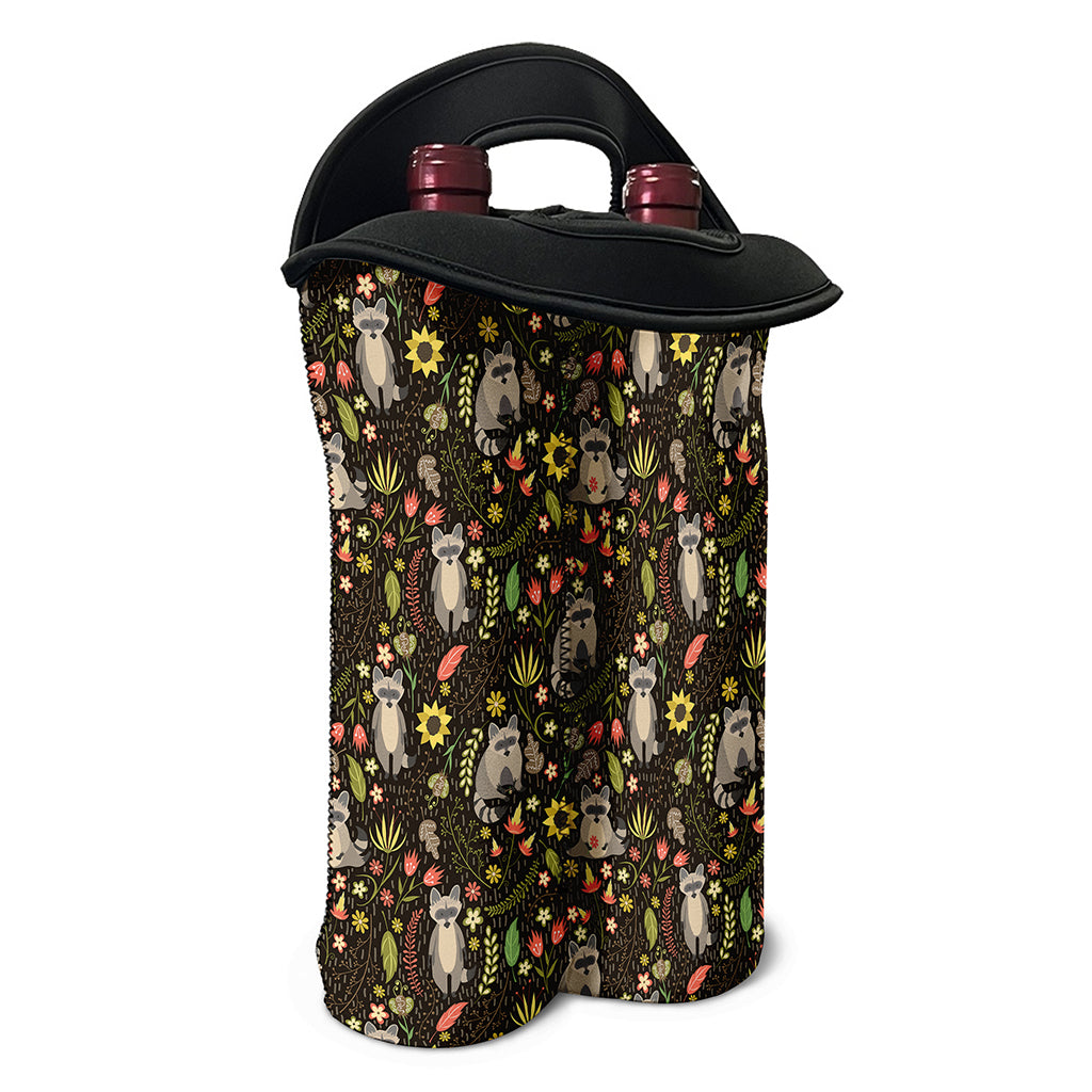 Raccoon And Floral Pattern Print Double Neoprene Wine Tote