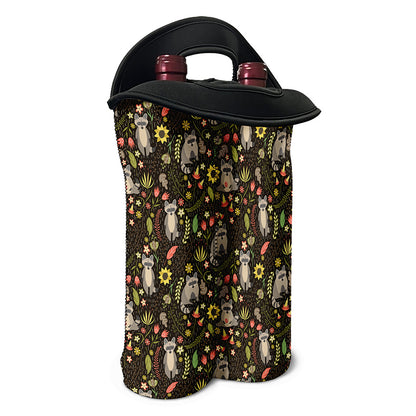 Raccoon And Floral Pattern Print Double Neoprene Wine Tote