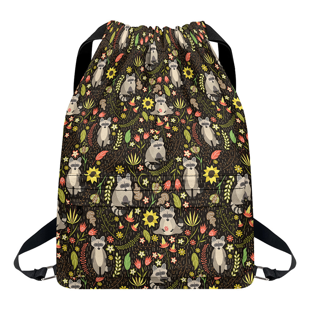 Raccoon And Floral Pattern Print Drawstring Backpack