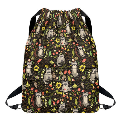 Raccoon And Floral Pattern Print Drawstring Backpack
