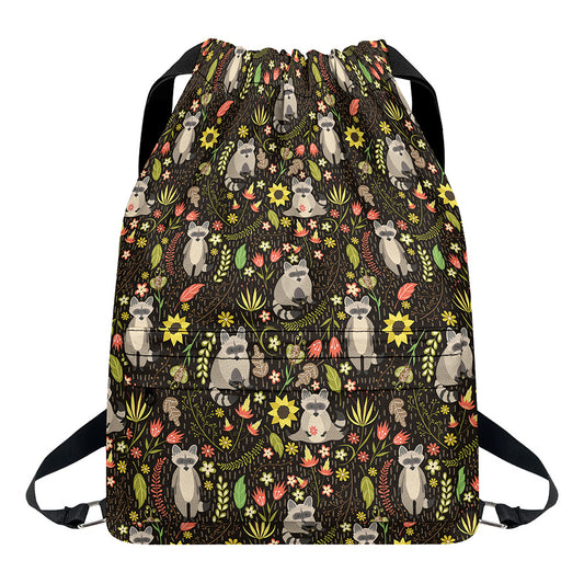 Raccoon And Floral Pattern Print Drawstring Backpack