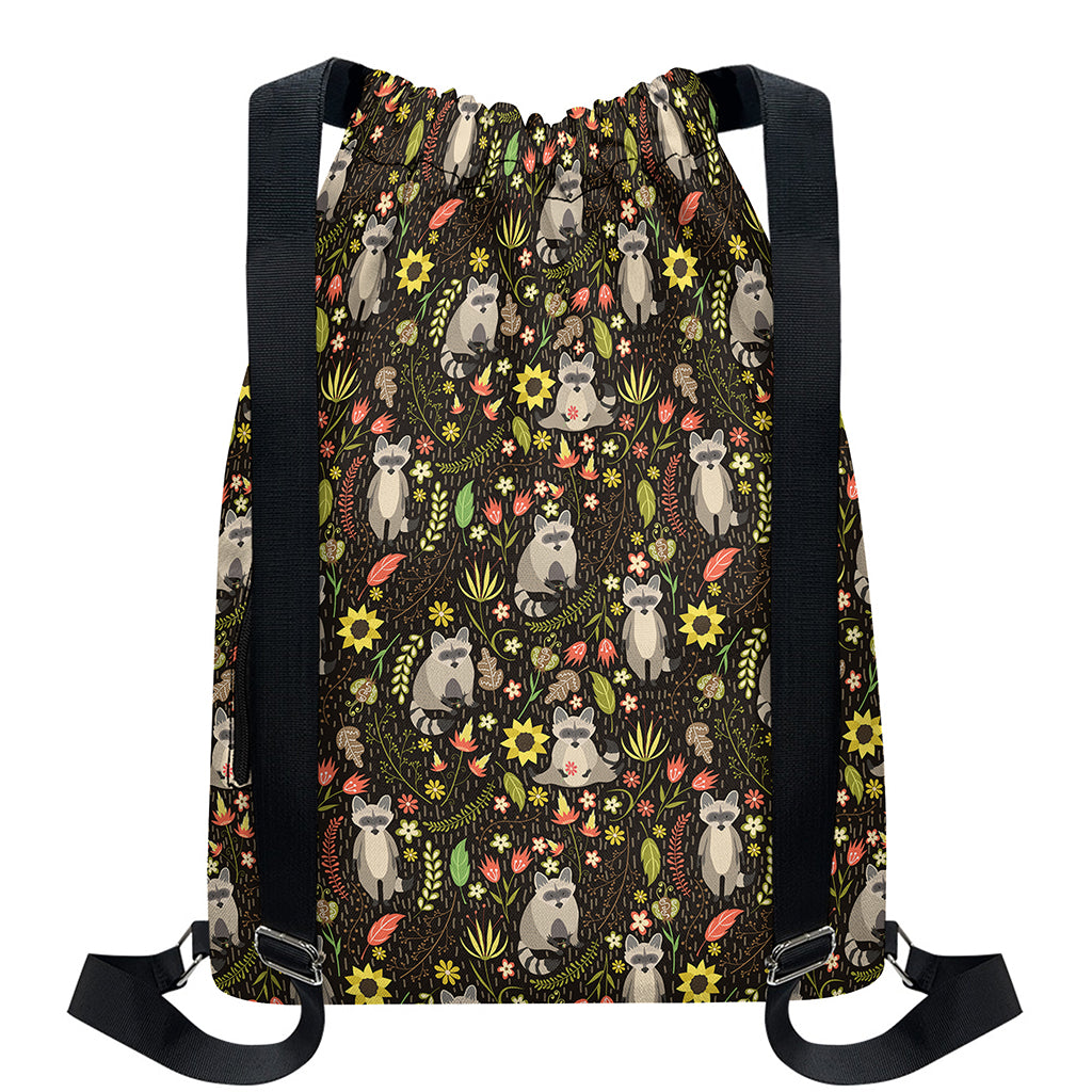 Raccoon And Floral Pattern Print Drawstring Backpack